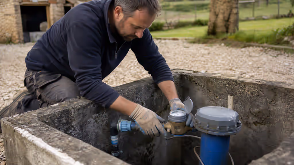 Détail d'un compteur d'eau installé en tête de puits dans une fosse maçonnée, illustrant le suivi du volume prélevé