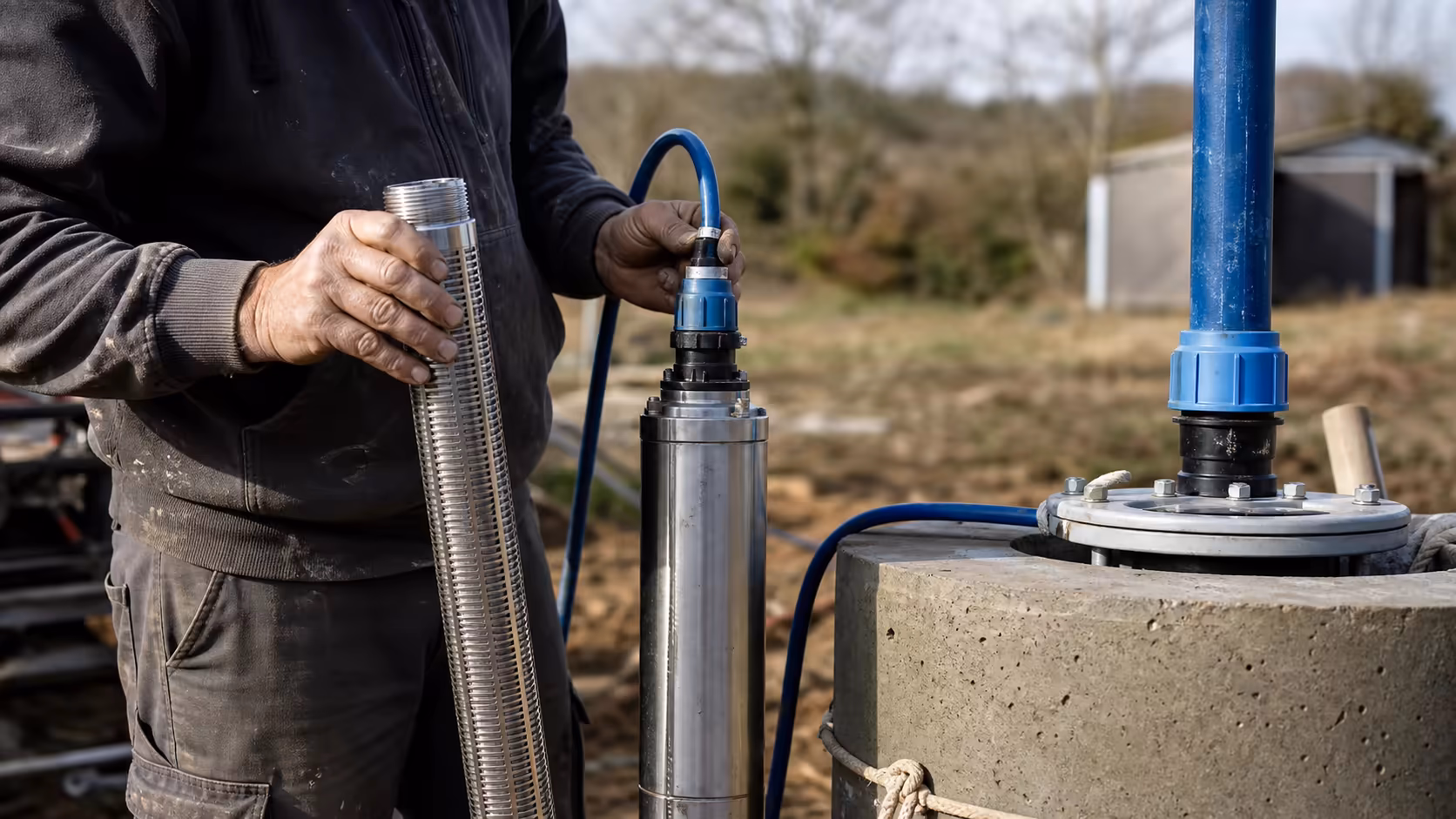 Détail technique d'une crépine de captage et d'une pompe immergée prêtes à être descendues dans un forage, mains de l'artisan visibles, atmosphère chantier vraie