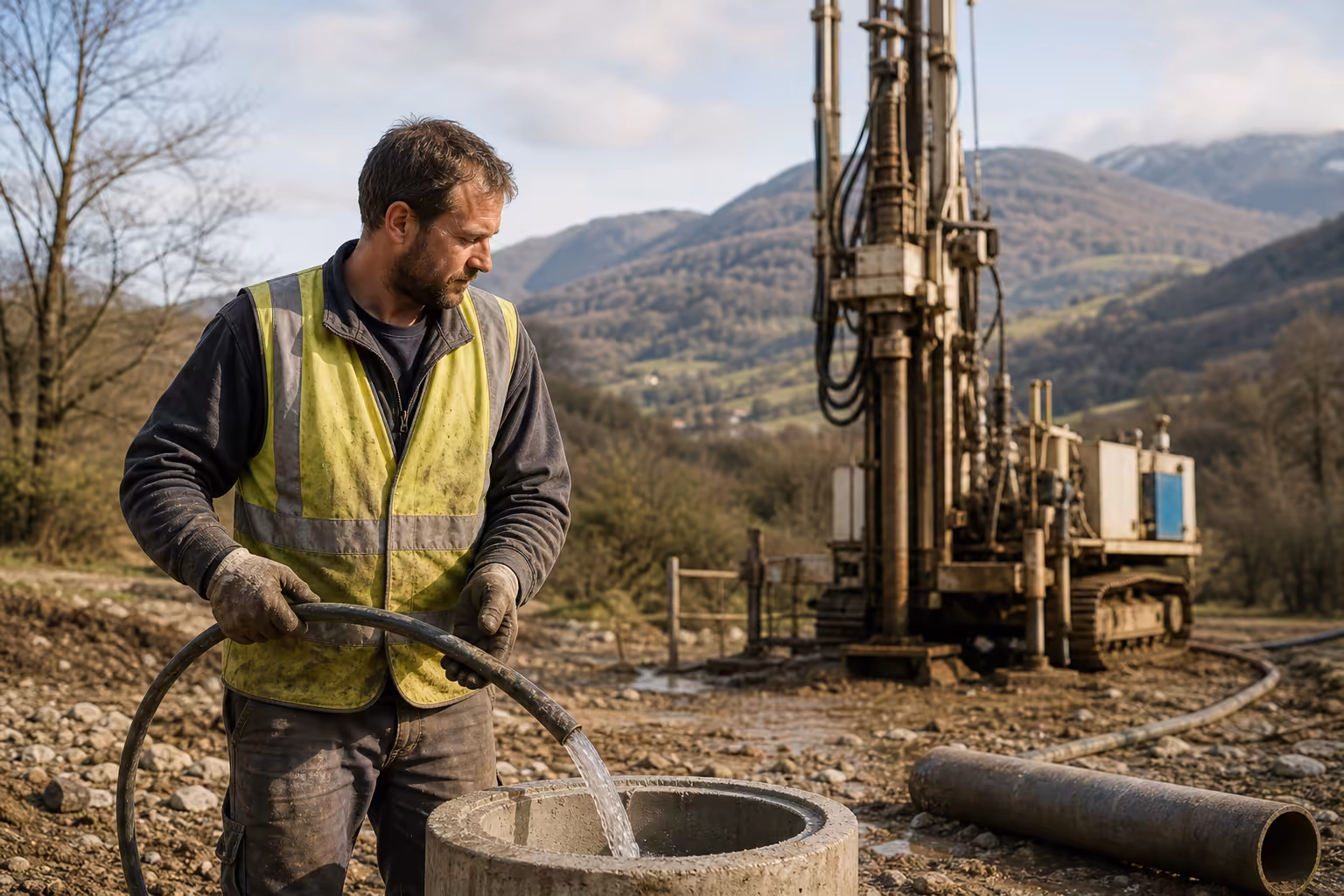 Artisan puisatier en gilet haute visibilité sur un chantier de forage dans une vallée ariégeoise, foreuse rotative en arrière-plan, terrain caillouteux typique des contreforts pyrénéens