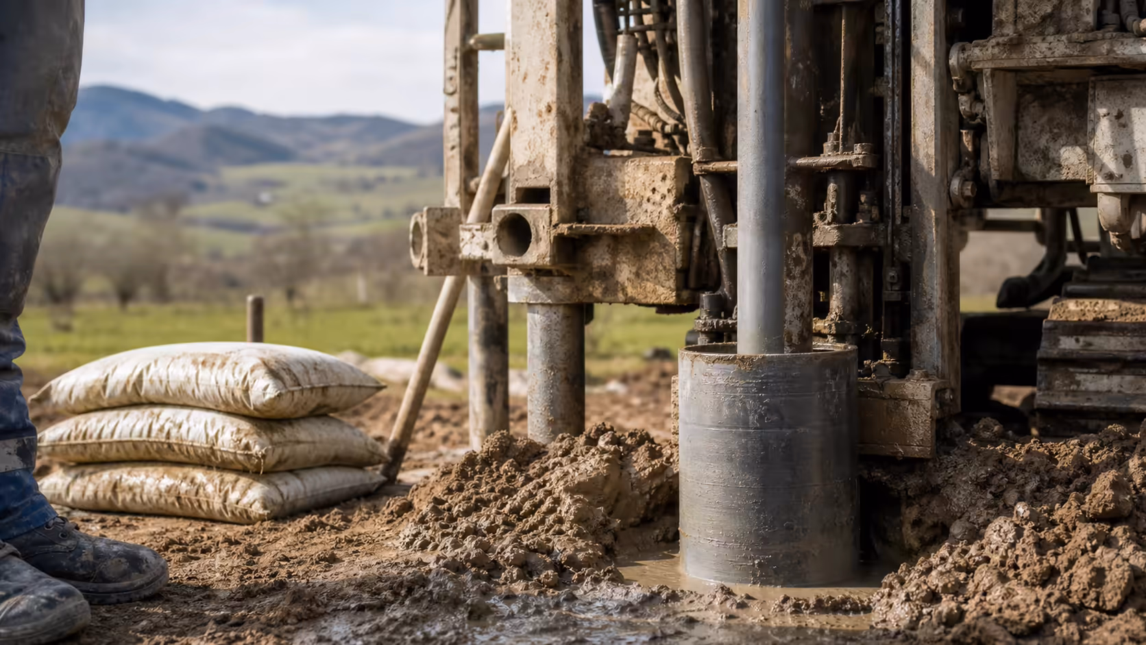 Foreuse rotative installée sur un terrain en piémont tarnais, vue rapprochée du tubage acier qui descend dans le sol, sacs de bentonite et chaussures de chantier en premier plan