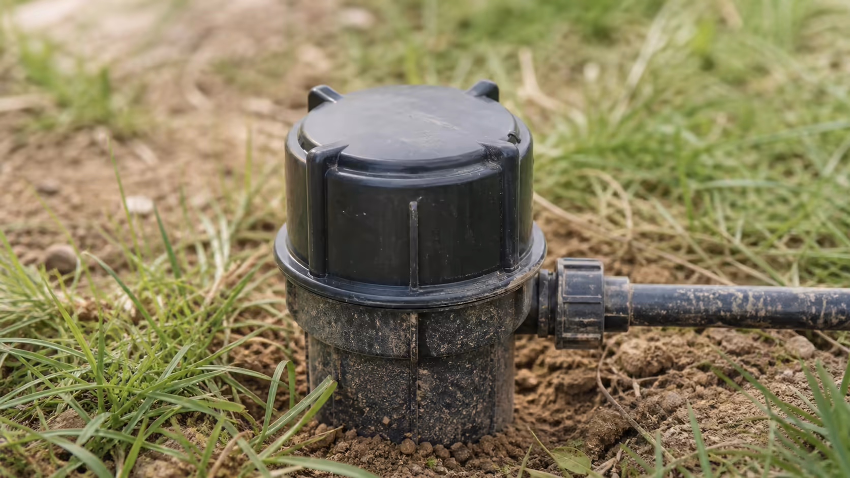 Tête de forage en plastique noir avec capot étanche dépassant du sol, herbe verte tout autour, vue rapprochée