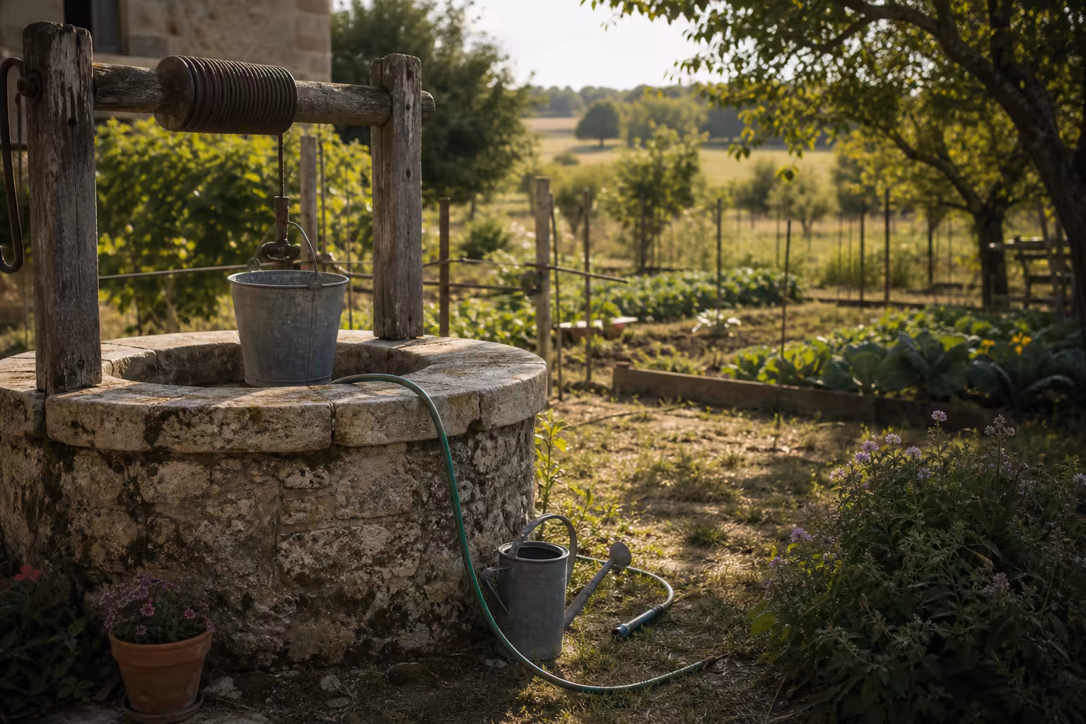 Puits traditionnel en pierre dans un jardin de campagne du Lot-et-Garonne avec margelle visible, tuyau d&#39;arrosage et potager en arrière-plan