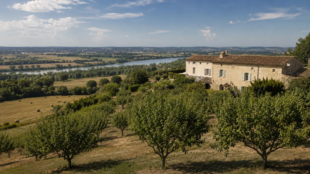 Propriété traditionnelle du Lot-et-Garonne avec verger de pruniers d'Agen et plaine alluviale de la Garonne au loin