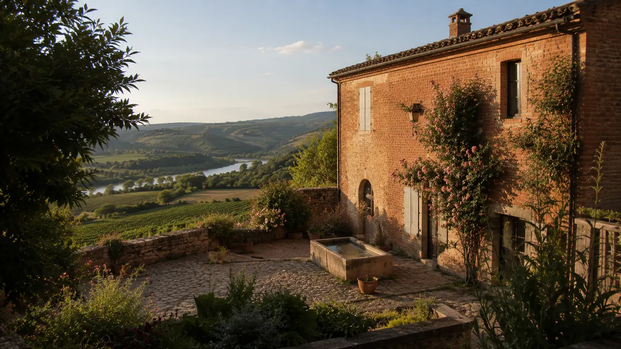 Propriété en briquette albigeoise (brique rouge du Tarn) avec cour intérieure, vallée du Tarn et vignes au loin