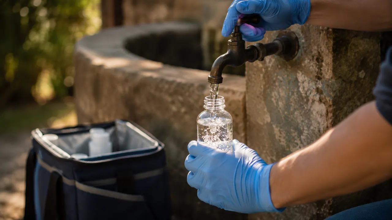 Prélèvement d'un échantillon d'eau de forage dans une bouteille stérile pour analyse en laboratoire COFRAC