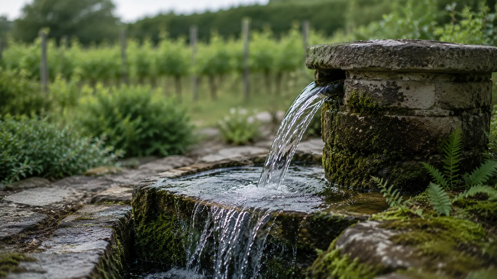 Eau claire jaillissant d'un puits artésien dans un bassin en pierre, jardin du Sud-Ouest en lumière dorée