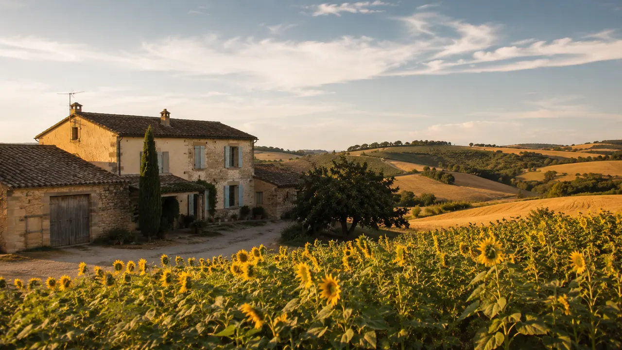 Ferme gasconne en pierre du Gers avec champ de tournesols au premier plan et collines de la Lomagne