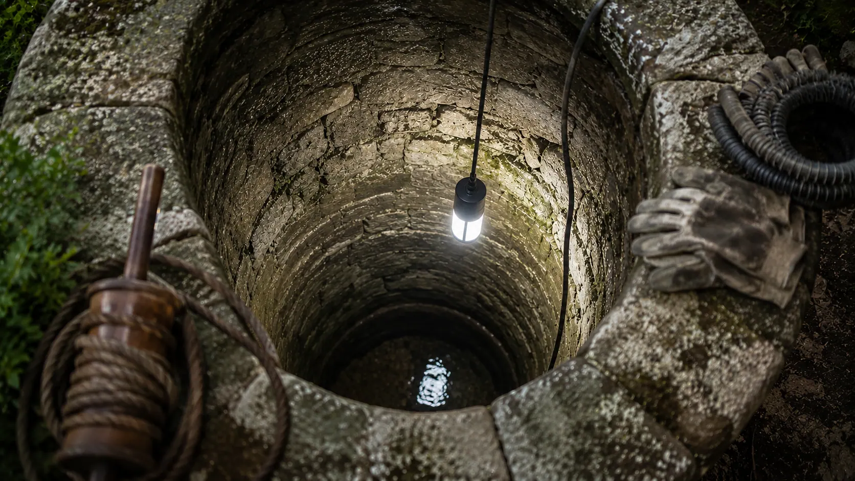 Inspection au lampe d'un vieux puits en pierre lors d'un curage par notre équipe de puisatiers