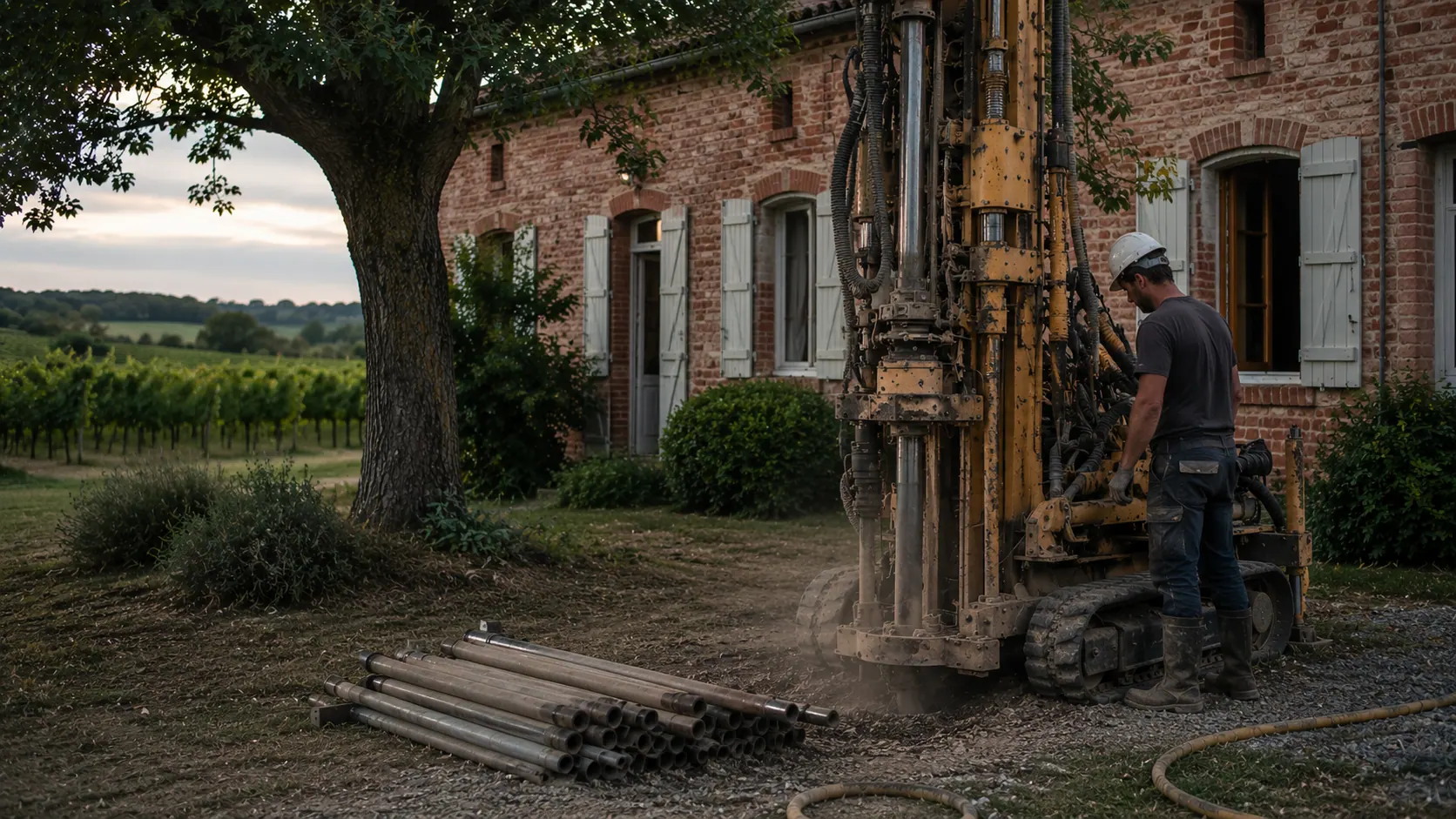 Foreuse hydraulique mini-pelle en cours de forage d'un puits domestique sur une propriété rurale du Sud-Ouest