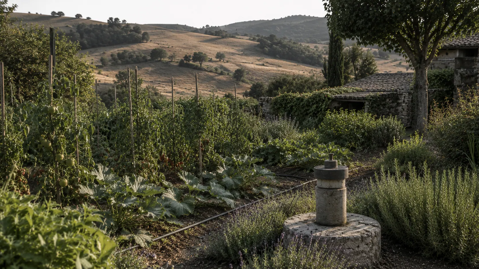 Potager Sud-Ouest verdoyant arrosé par un puits artésien, contrastant avec les coteaux sombres en sécheresse