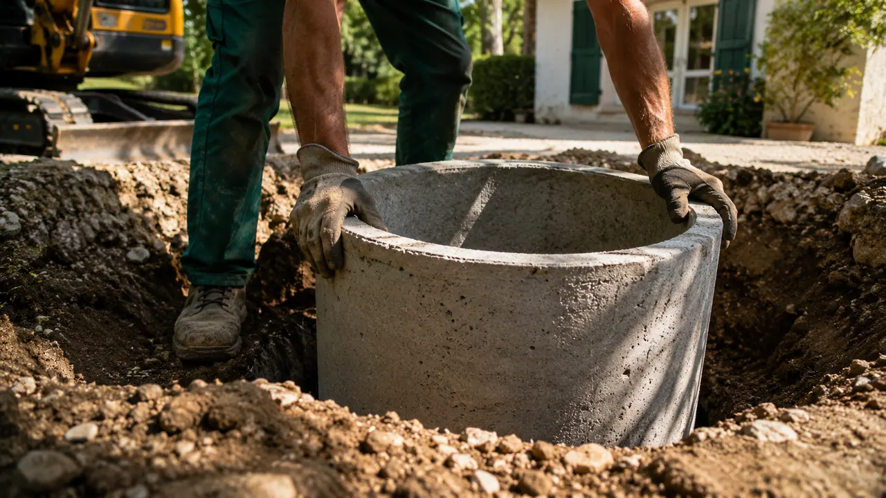 Mains d'un puisatier installant une buse béton dans une fouille