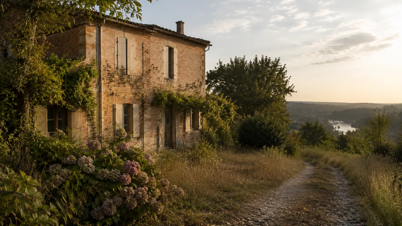 Ferme traditionnelle du Tarn-et-Garonne en briques roses, vue sur la vallée