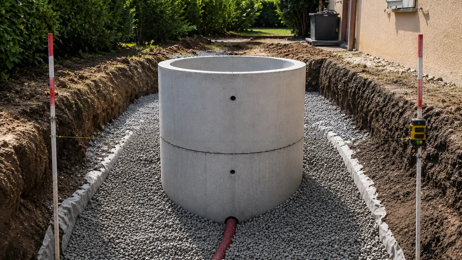 Mise en place d'un puisard en buse béton dans une tranchée drainante avec lit de gravier et géotextile