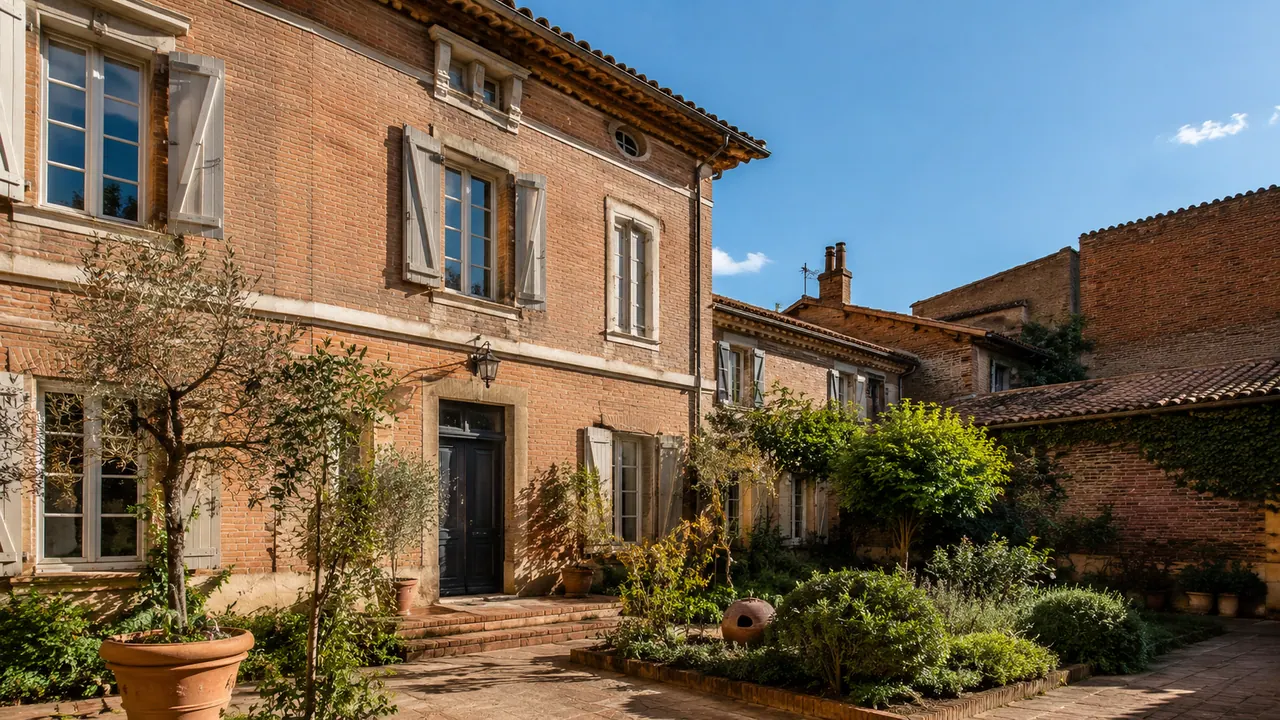 Maison toulousaine traditionnelle en briques roses dans un quartier résidentiel