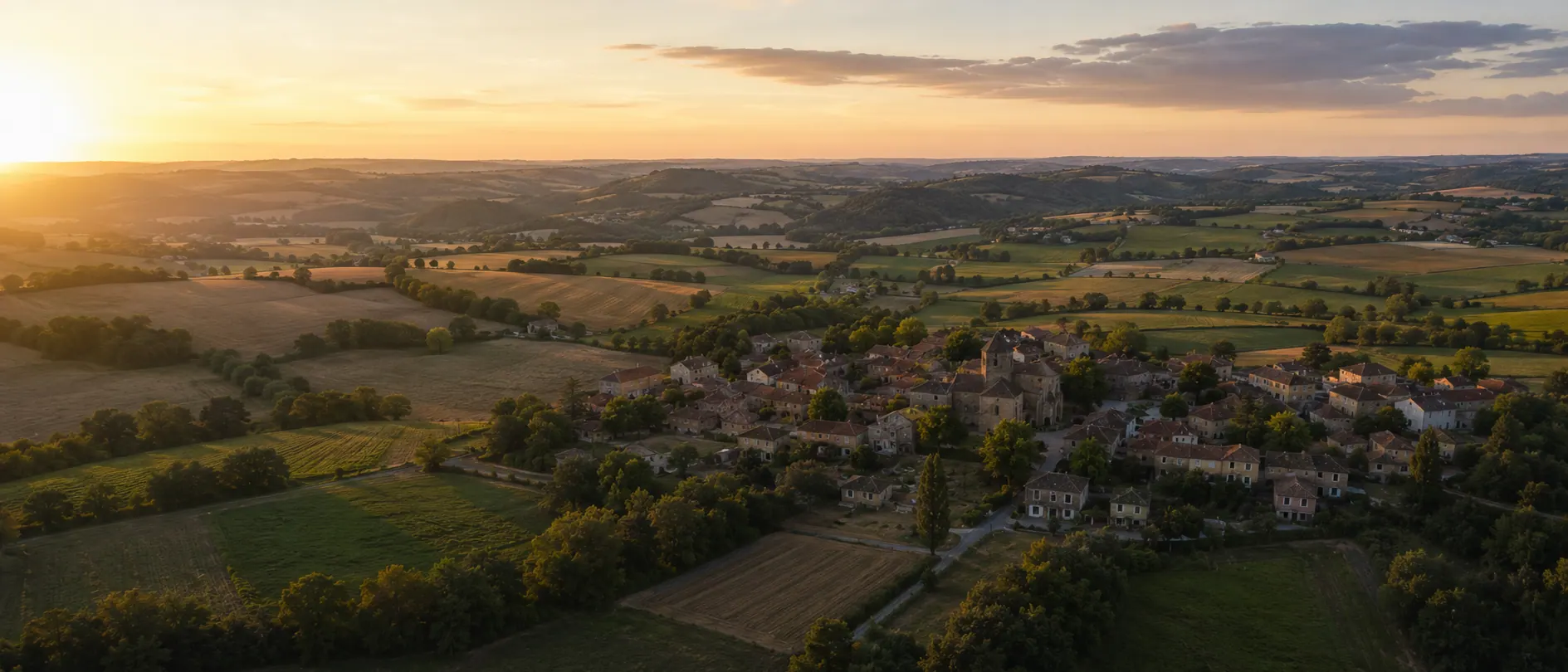 Vue aérienne du paysage rural du Sud-Ouest au lever du jour