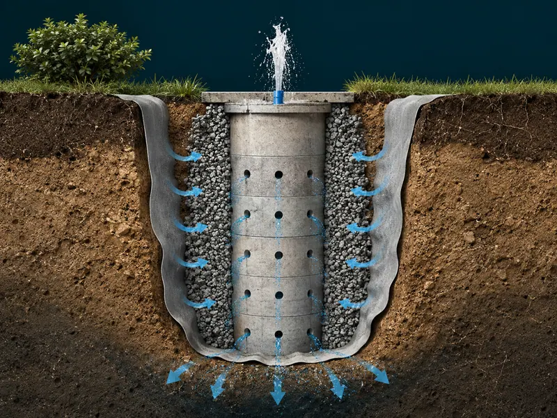 Coupe technique d'un puits perdu avec buses béton et lit drainant