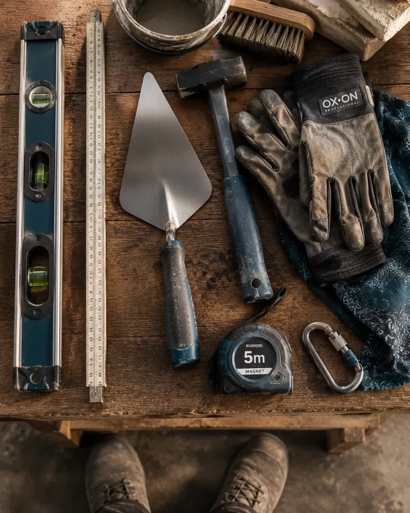 Outils artisanaux d'un puisatier sur un établi en bois ancien